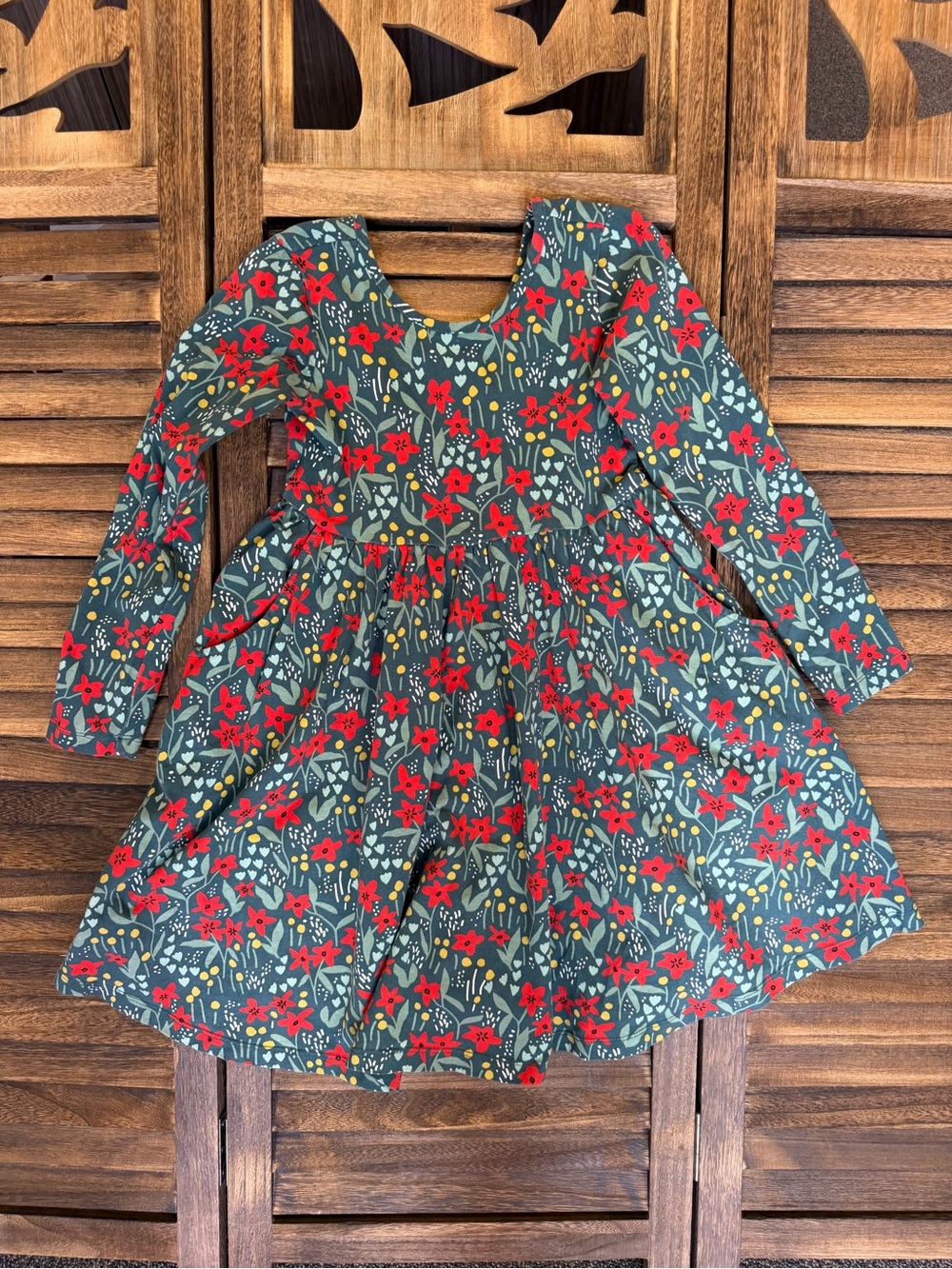 Hanna Andersson Green Long-Sleeve Dress with Red Yellow Floral Print 120 cm 6/7